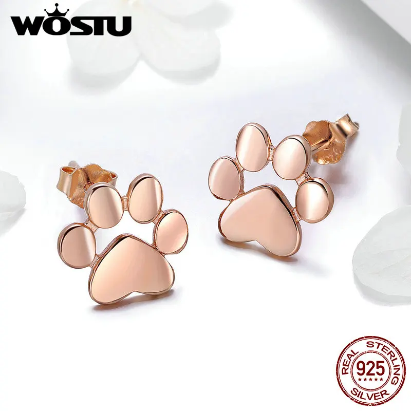 Женские серьги-гвоздики WOSTU из настоящего серебра 925 пробы с изображением милых собачьих следов, модное ювелирное изделие из стерлингового серебра CQE407