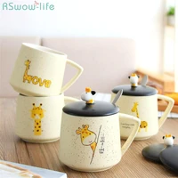 cute giraffe water cups ceramic creative cartoon mug with lid spoon fresh and simple office couples coffee cup travel home lovly