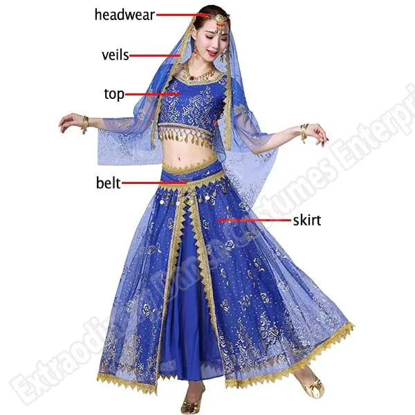 Royal blue-5pcs Женский индийский набор костюма для танца живота танец сари наряд Болливуд сценическое представление шифон Топ пояс юбка для танца живота - Цвет: Royal blue-5pcs