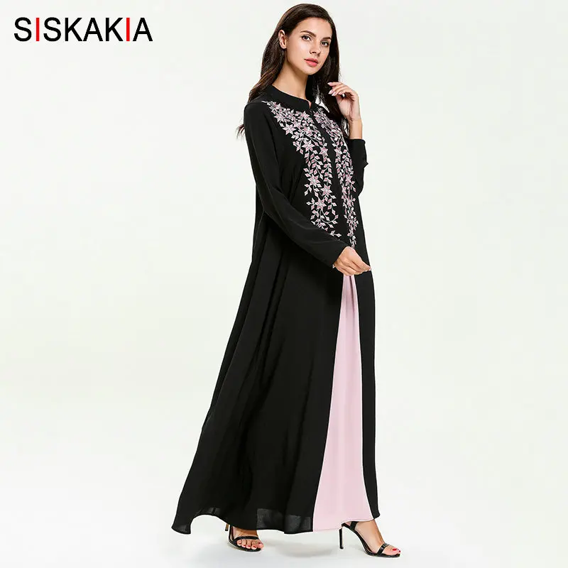 Siskakia модная мусульманская абайя платье нежное Цветочная вышивка женское длинное платье размера плюс Дубай Арабская Турецкая одежда фиолетовый 4XL