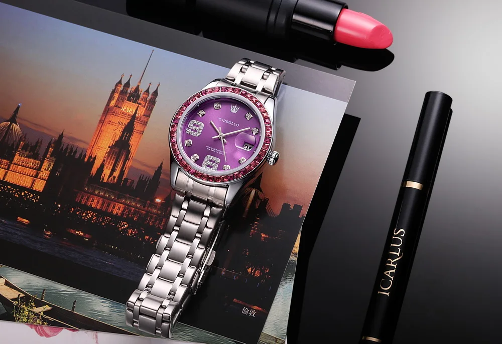 Высококачественные модные роскошные женские часы 2017 фиолетовые Японские