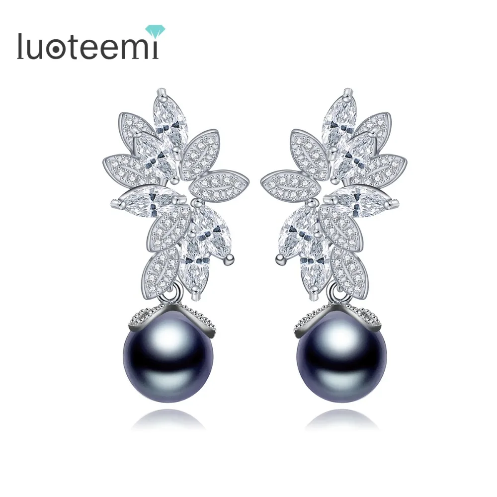 

LUOTEEMI New Hot Selling Statement Brincos Micro Paved Tiny CZ Gray Simulated Pearl Drop Earrings for Women Dangle Jewelry Gift