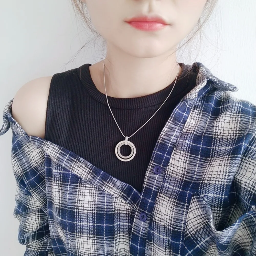 

New Women Pure Titanium Double Circle Brushed & Shiny Pendant For Wedding Party Trendy Office Ladies Sweater Necklace Gift