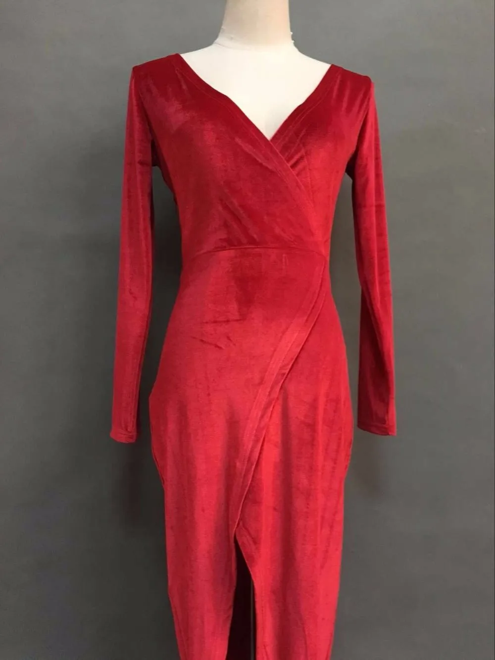 2018 red velvet vintage sexy party dress women v-neck evening bodycon elegant long sleeve wrap vestido | Женская одежда