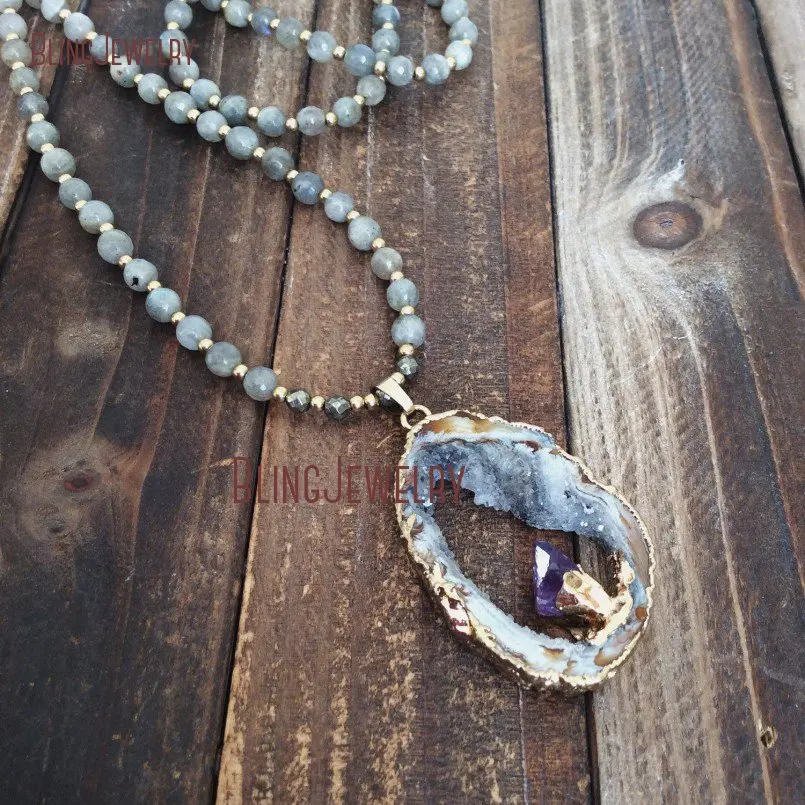 Boho chic Лабрадорит бусины Цепочки и ожерелья Кулон agates druzy Geode кулон Цепочки и ожерелья аметистами точка Цепочки и ожерелья NM18392
