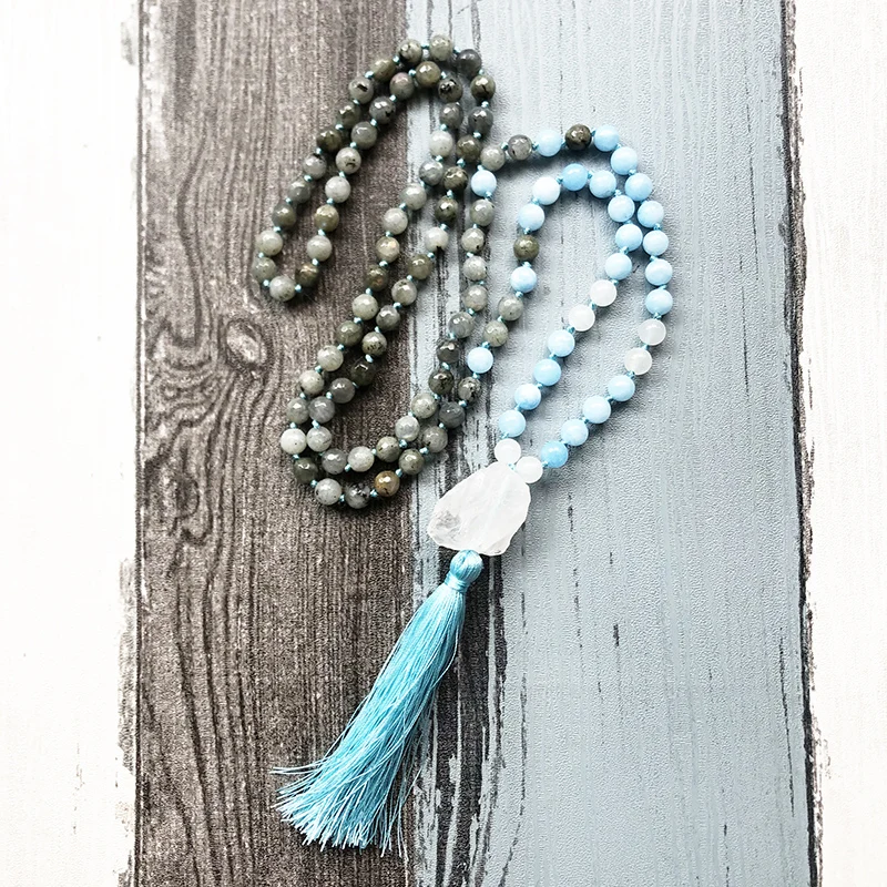 108 Mala Beads ювелирное изделие с узлом ожерелье необработанным кварцем Лабрадорит