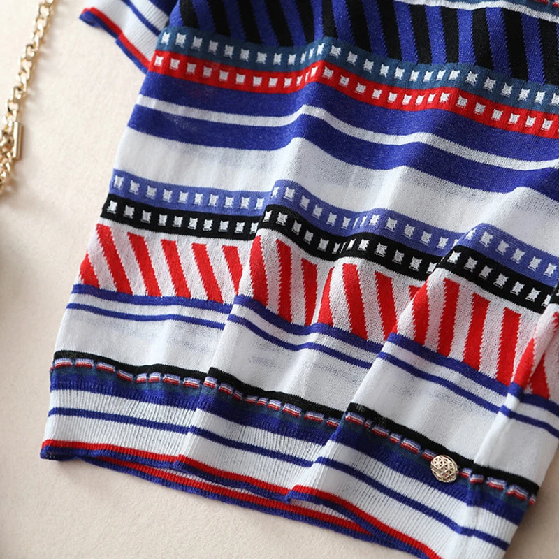 2019 Summer Women Runway Striped Sweater and Pullovers Short Sleeve O neck Korean Ladies Knitted Jumper Streetwear Tops Clothes | Женская