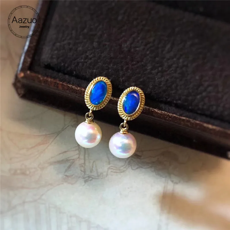 

Aazuo 18K Yellow Gold Opal Drop Earrings Natual Blue Opal Okoya Pearls for Women Engagement Wedding Link Chain Christmas Gift