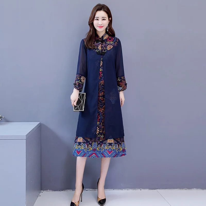 

Women Dress Autumn 2019 Robe Vintage Femme Mandarin Collar Vestidos Loose Long Dress Tassels Elegant Chinese Dresses AA4623