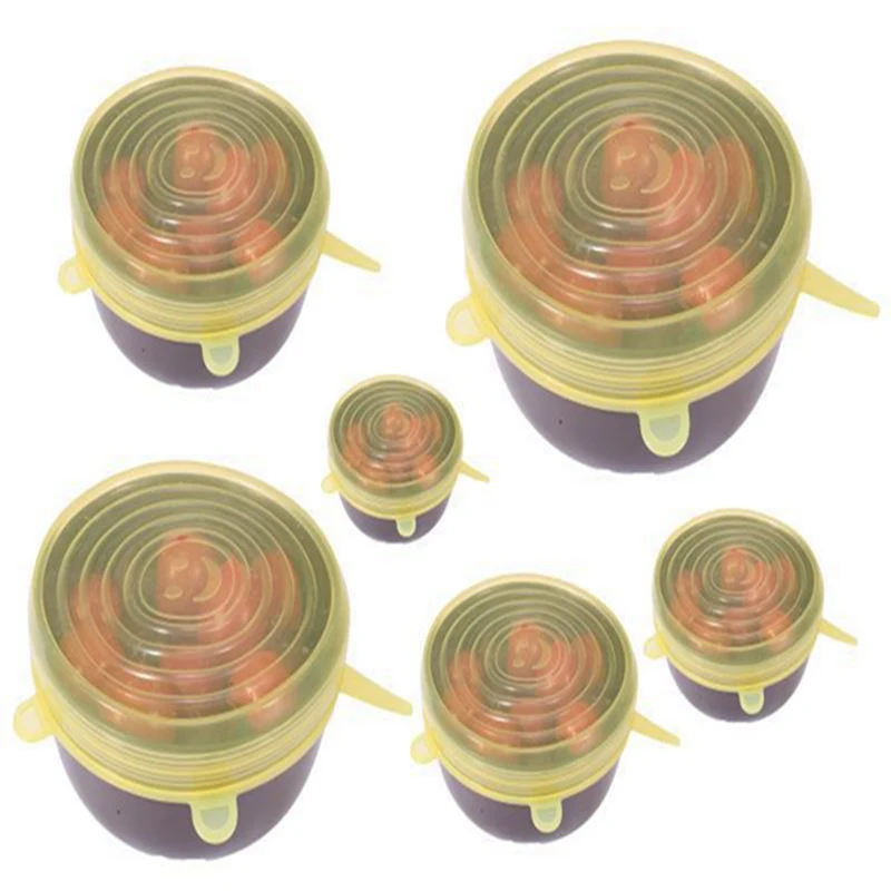 Yellow silicone lid 6 шт многоразовые силиконовые растягивающиеся свежие крышки для пищевых продуктов растягивающиеся свежие колпачки для кухонных аксессуаров Высокое качество крышки для пищевых продуктов - Цвет: Yellow silicone lid