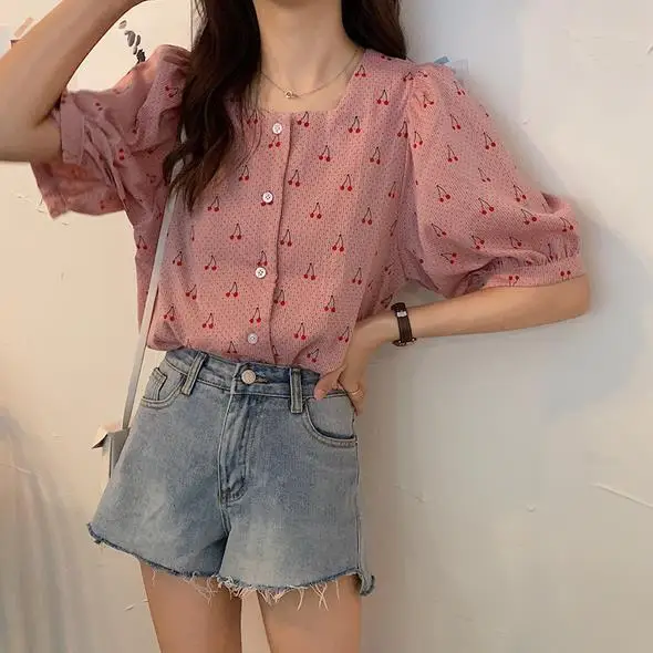 Летние свежие простые Свободные корейские вишни с принтом 2019 винтажные