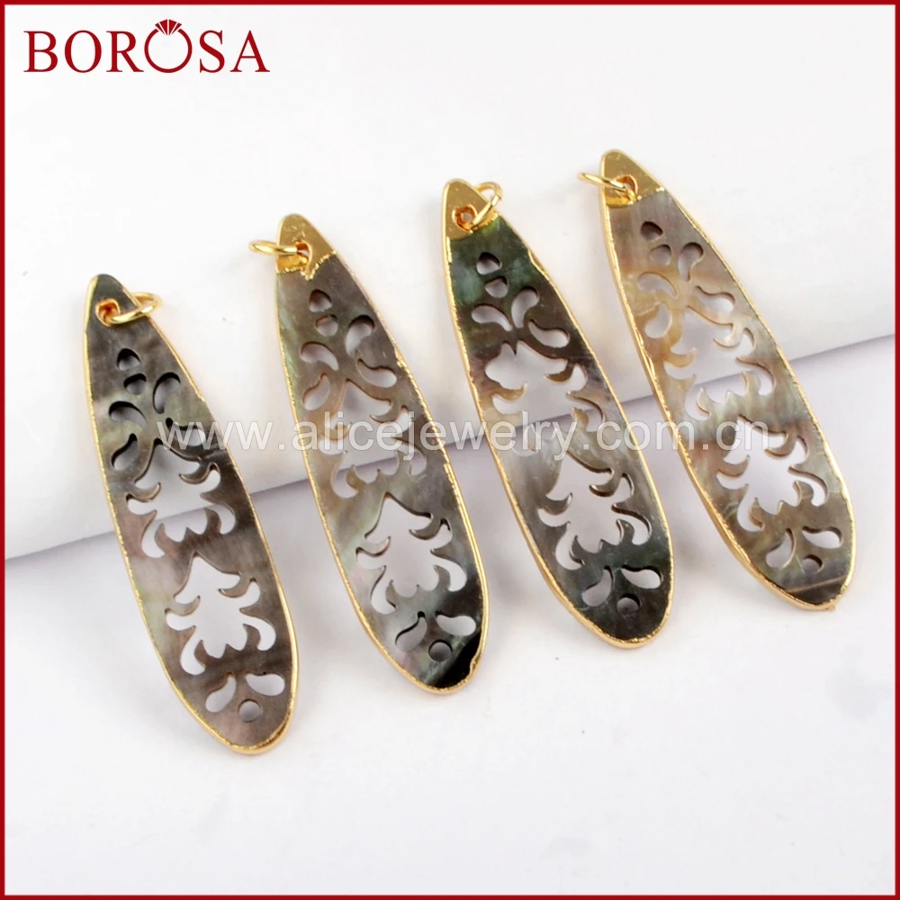 

BOROSA 10 шт. Золотая отделка Радужный корпус резной Длинный Шарм слеза модный натуральный корпус Подвески для изготовления ювелирных изделий G1599
