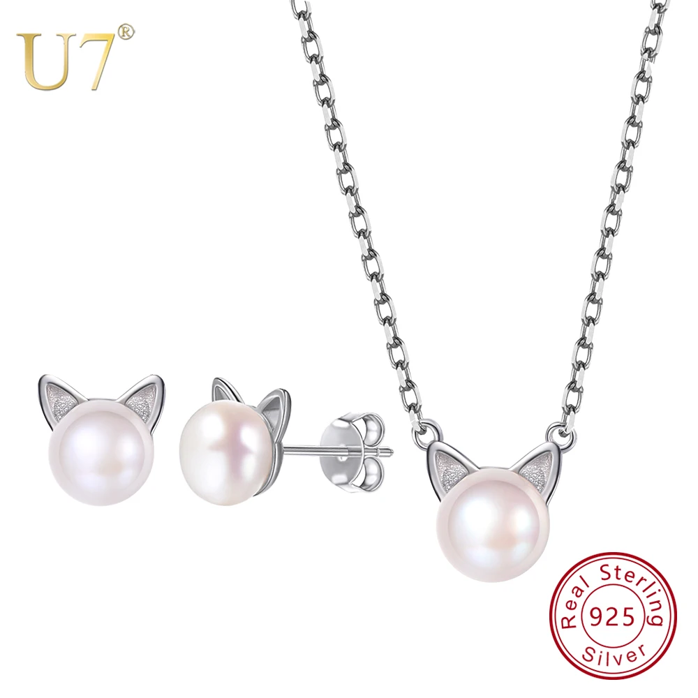 

U7 925 Sterling Silver Freshwater Pearl Cute Cat/Kitten Pendant Necklace and Stud Earrings Set Mother's Day Gifts For Women SC87