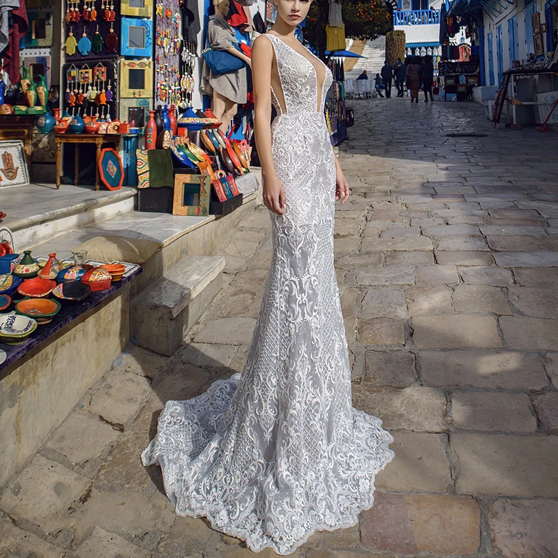Свадебное платье с длинными рукавами и прозрачным кружевом vestito da sposa HA054