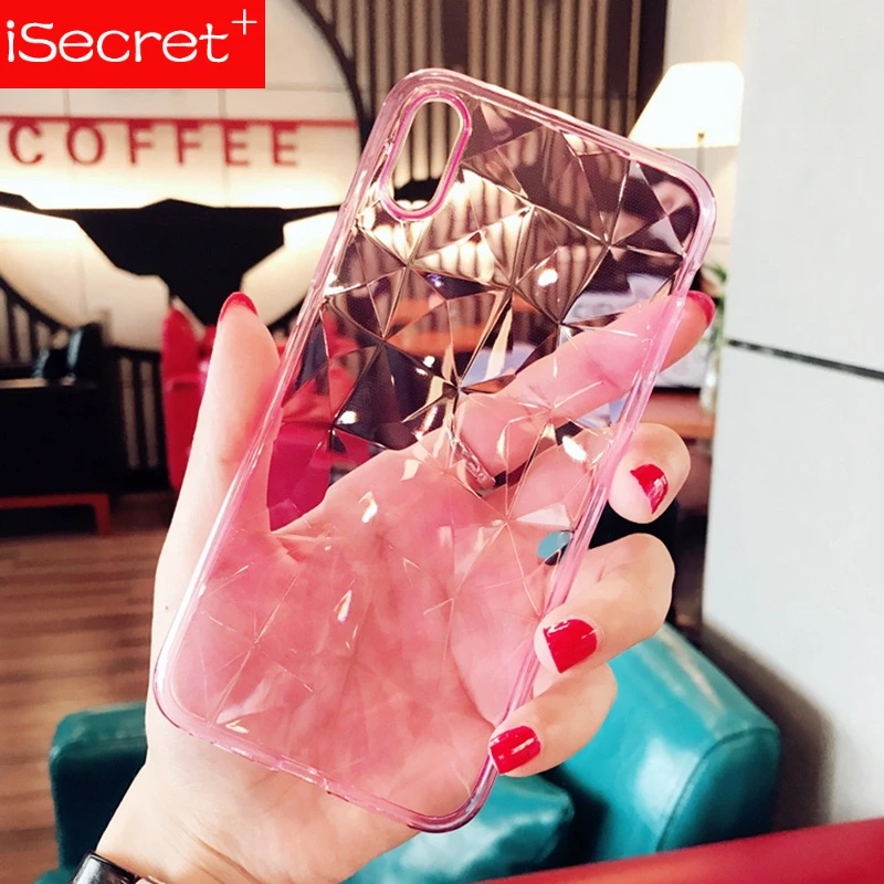 Мягкий ТПУ чехол iSecret с 3D бриллиантами для iPhone X 7 8 Plus блестящий розовый прозрачный