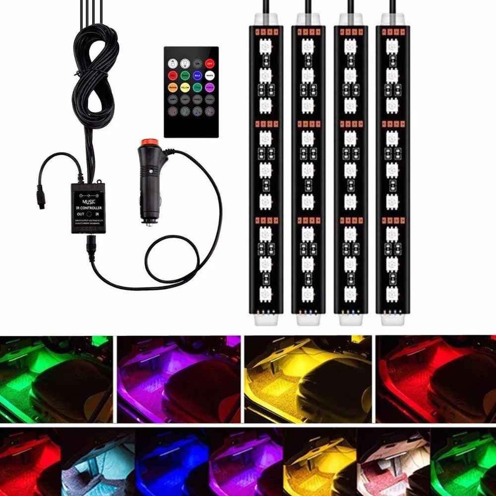 4 шт автомобилей RGB Светодиодные ленты 5050 светло светодиодный свет 8 цветов стайлинга автомобилей декоративная лампа салона стопы света с дистанционным