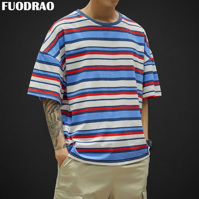 Мужская футболка в полоску FUODRAO Повседневная Уличная с коротким рукавом японском