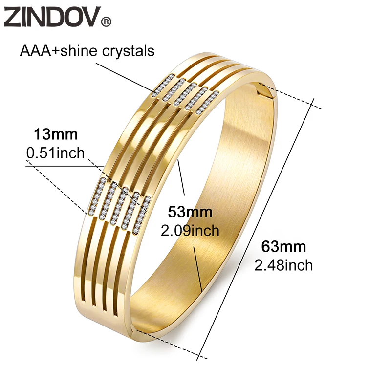 ZINDOV Trendy Jewelry Lady Bracelets For Women Gold Crystal Luxury 316L Stainless Steel Bangles Rose Big Wide Dropshipping | Украшения и