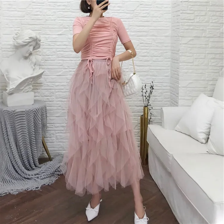 Летняя 2 майка с элементами топ + Асимметричные кружевные юбки комплект Женский