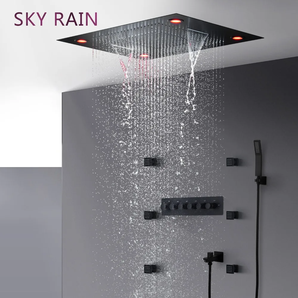 SKY RAIN ванная комната матовая черная роскошная душевая головка с высоким потоком термостатический клапан многофункциональный Спа светодиодный душевой набор