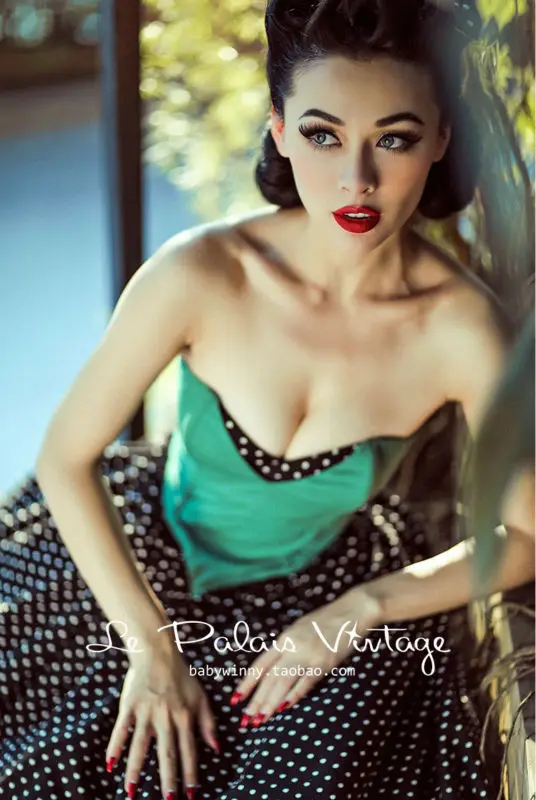 

FREE SHIPPING Le Palais Vintage PIN UP sweet vintage wave emerald contrast color band puff dress/ dots