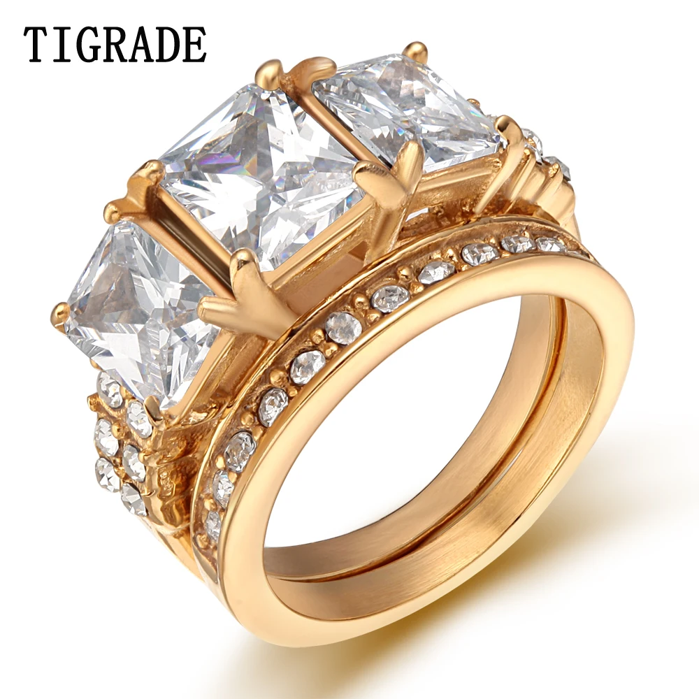 

Tigrade Gold Silver Color Stainless Steel Ring Set Women Paved Zircon Crystal Bridal Romantic Engagement Wedding Rings Anel