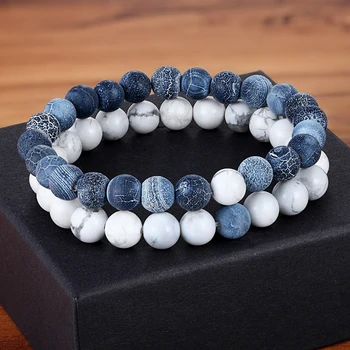XQNI 2pcs/set Style Couples Distance Bracelet Natural Stone Yoga Beaded Bracelet for Men Women Friend Gift Charm Strand Jewelry 5