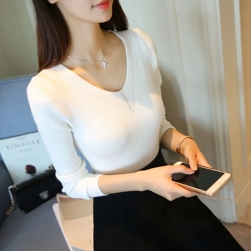 Новинка 2017 осенне-зимний модный женский свитер милый длинный рукав v-образный