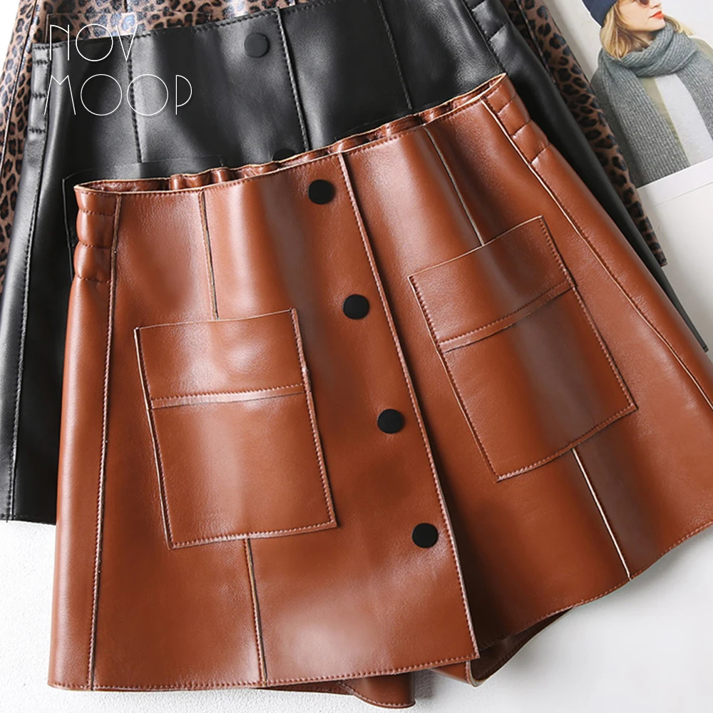 2019 autumn culottes elastic waist genuine leather skirt with button and pocket decor gonna in vera pelle LT2781