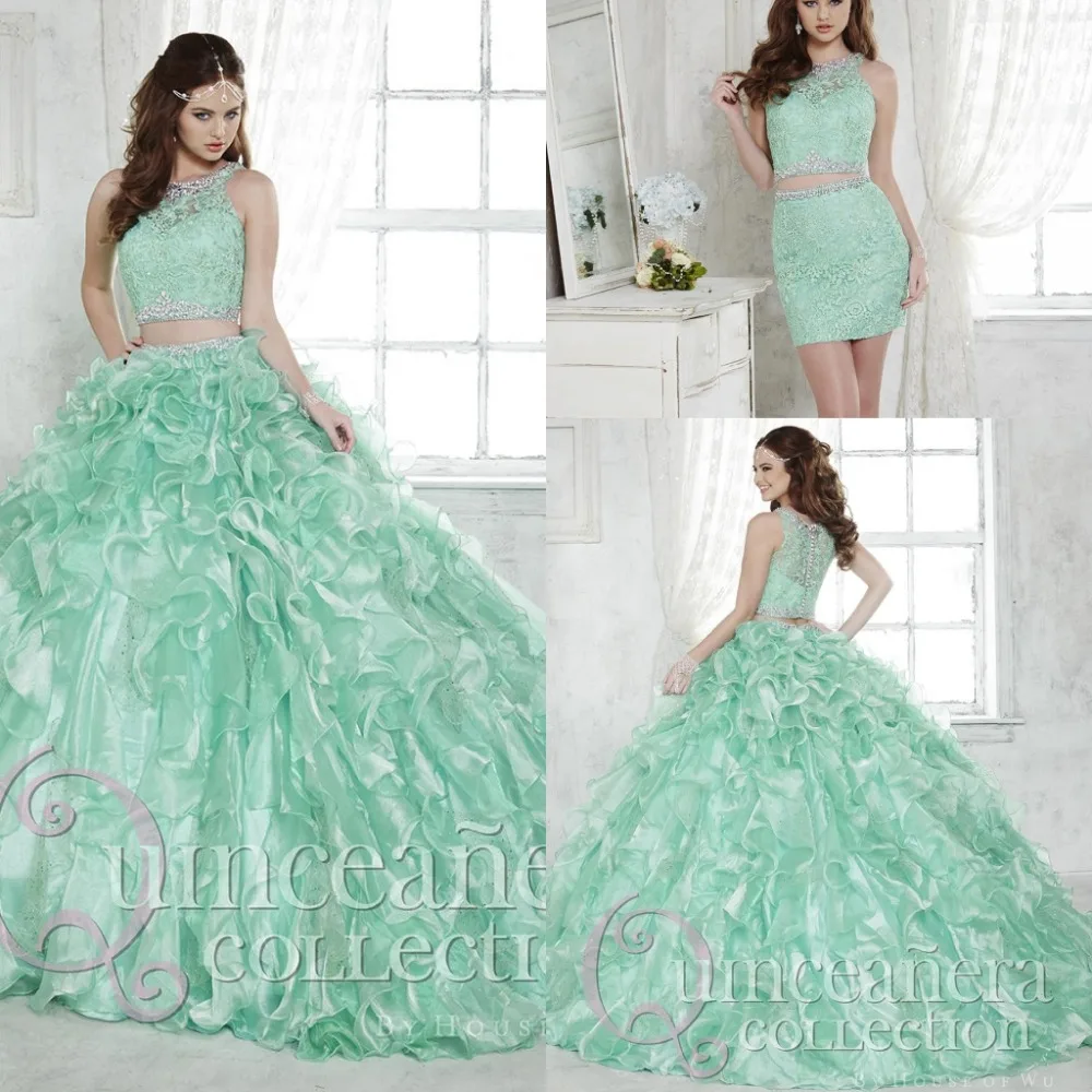 Потрясающие 2016 два частей мятно зеленый пышное платье vestido 15 anos бальное пром