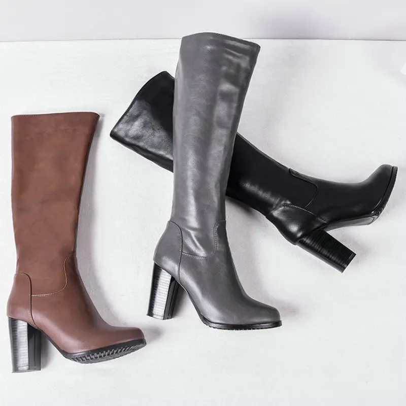 

fanyuan Knee High Women Boots Round Toe Pu Short Plush Footwear High Heels Female Boots Zip Shoes Women 2019 Black Size 43