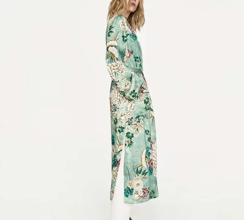 Новинка 2018 винтажное парео Ретро стиль цветочный принт Зеленое Длинное кимоно