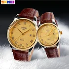 Новые часы SKMEI для влюбленных, роскошные брендовые кварцевые часы для мужчин и женщин, модные повседневные наручные часы с кожаным ремешком, золотистые черные, 2 шт.
