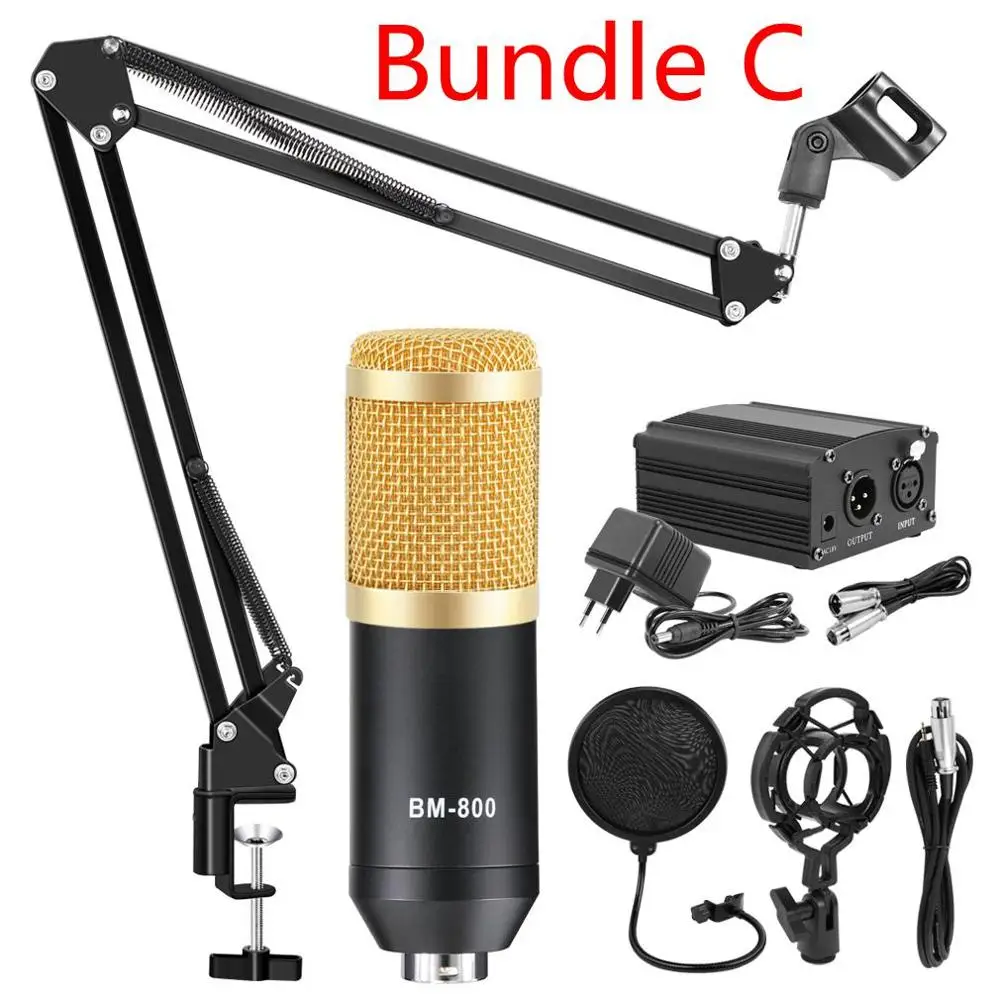 Gold Black Bundle C Bm 800, Студийный микрофон, комплект фантомного конденсатора, микрофон для караоке, bm800, поп-фильтр для компьютера, вещания, записи - Цвет: Gold Black Bundle C