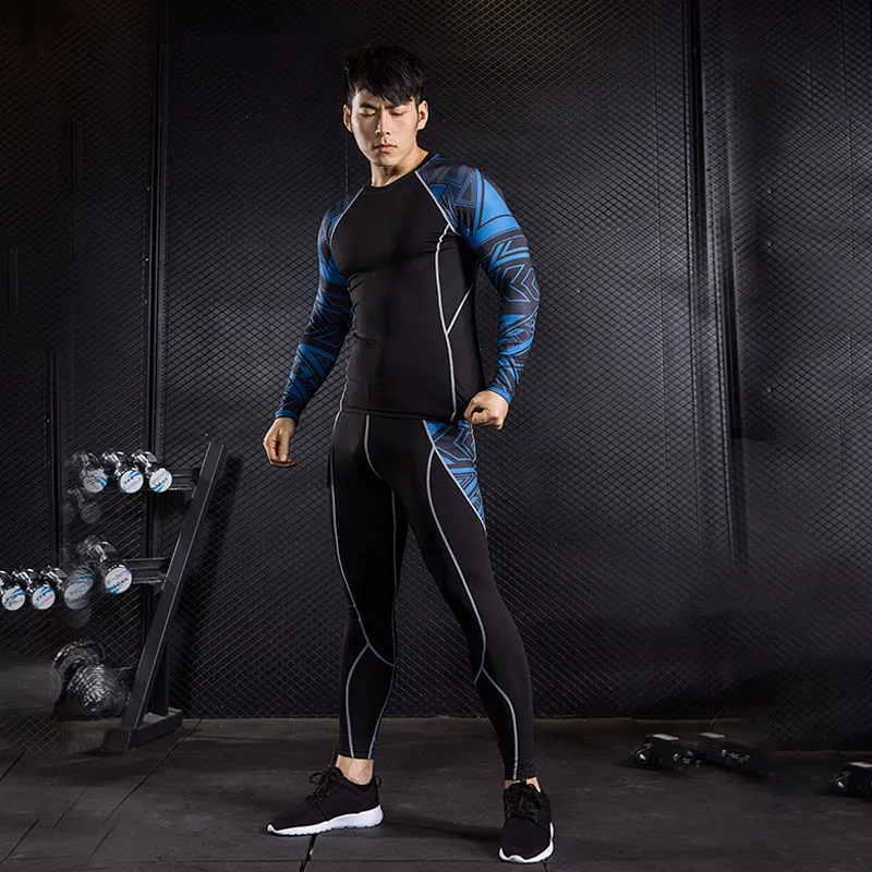 

2019 New Fitness Men Sets Pure black Compression Shirts + Leggings Base Layer Brand Long Sleeve T Shirt Clothing Set
