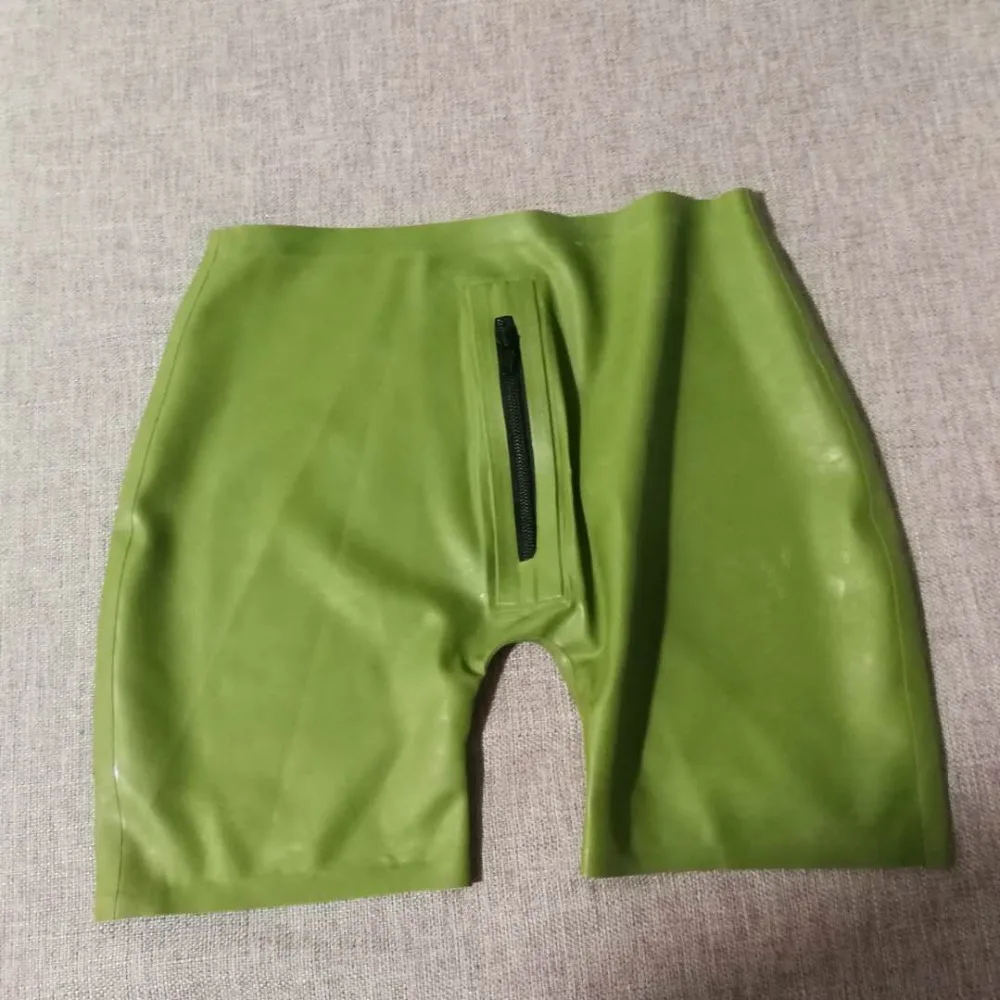 Army Green Latex Rubber Male's Shorts Sexy Latex Tight Short Pants With front Zip XS Size available