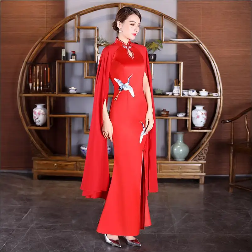 Китайский стиль женские сексуальные вечерние платья с длинным рукавом Qipao