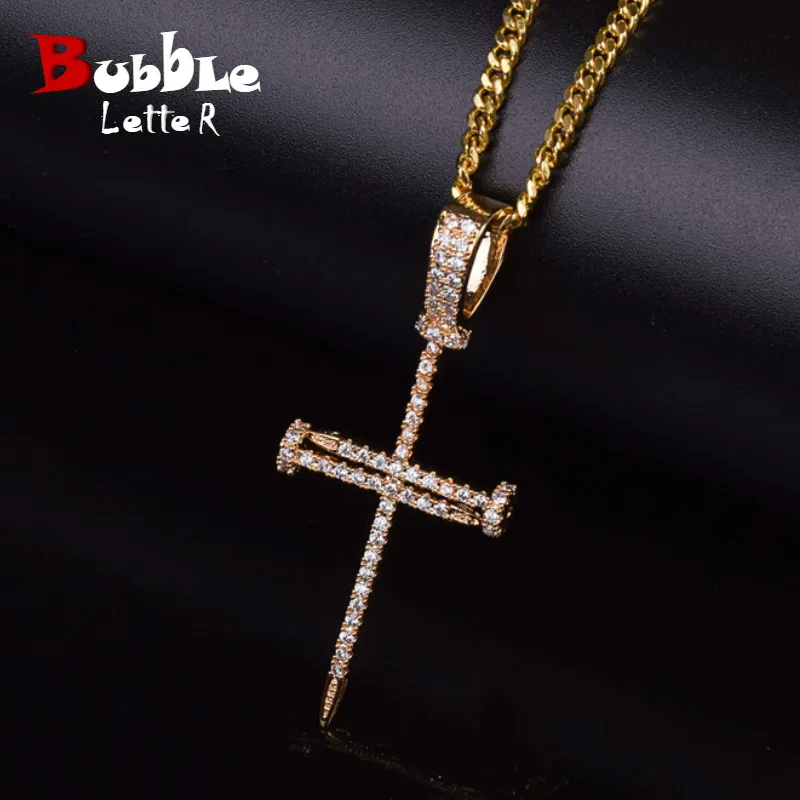 Nail Cross Pendant Gold Color Copper Material Iced Rock Street Necklace Chain Fashion Hip Hop Jewelry