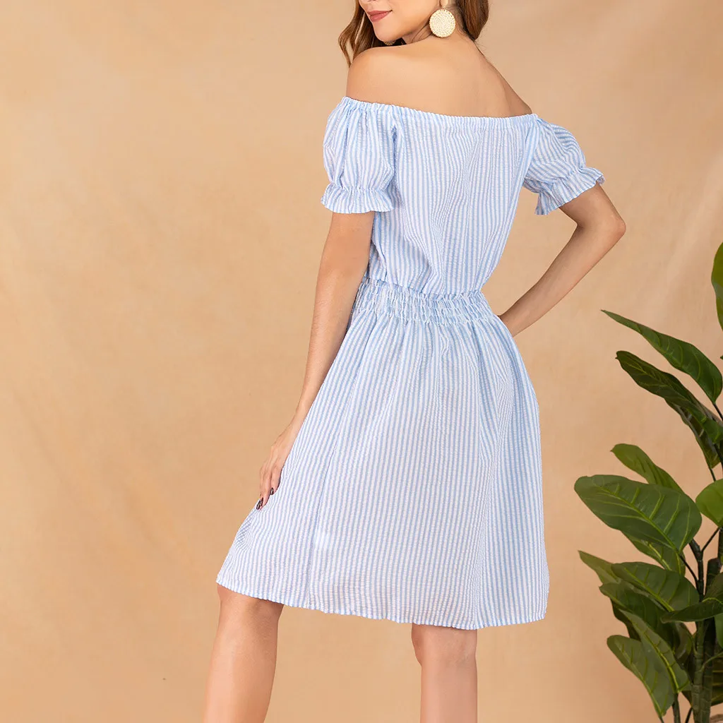 Женское платье с открытыми плечами винтажное в полоску коротким рукавом
