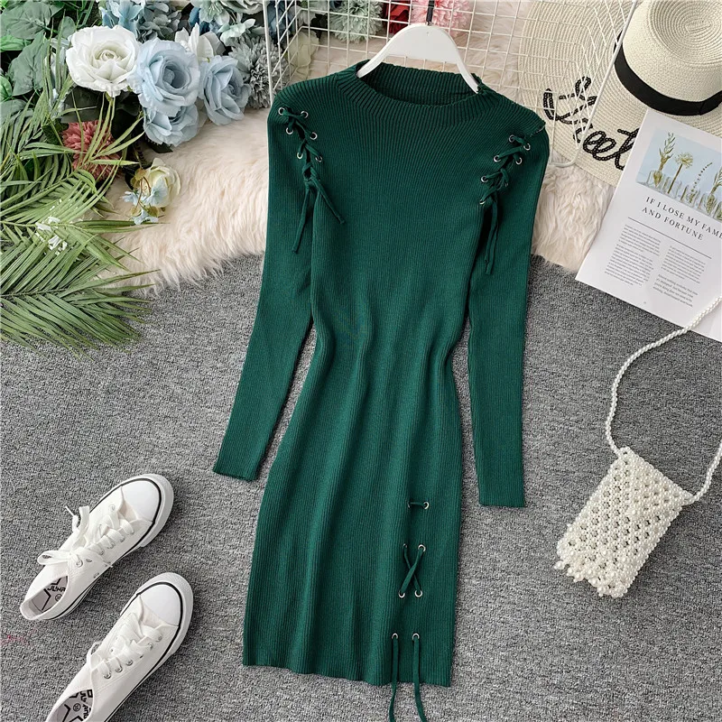 Новая модная тонкая Обувь На Шнуровке на осень и зиму Bodycon вязаный свитер Мини