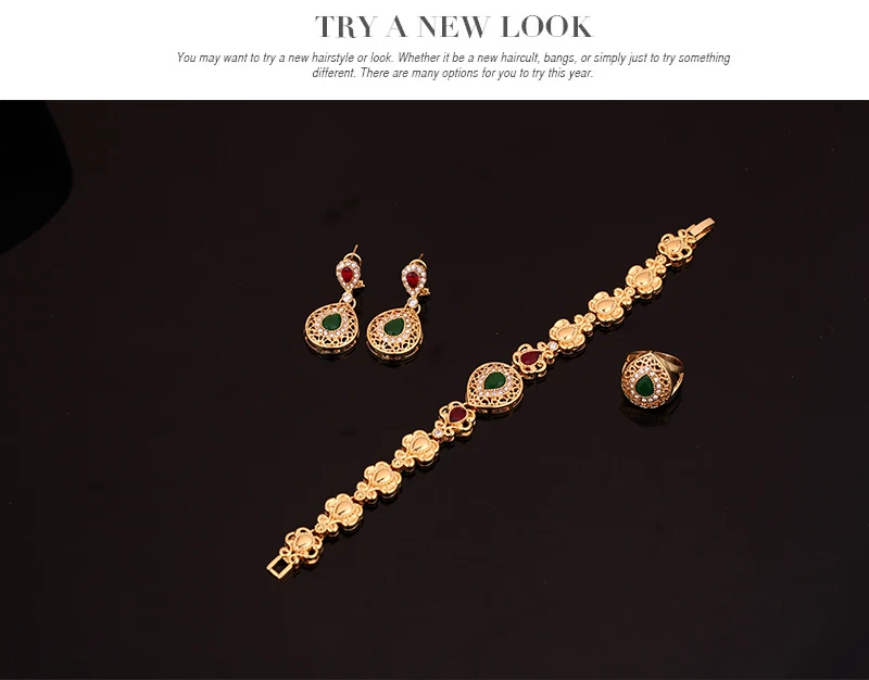 Модный комплект ювелирных изделий из Дубая золотого цвета с красным/зеленым