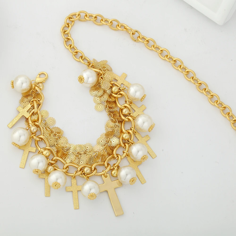 Neoglory Simulated Pearl Pendant Long Necklace Vintage Religious Cross Style For Classic Lady Party Anniversary | Украшения и