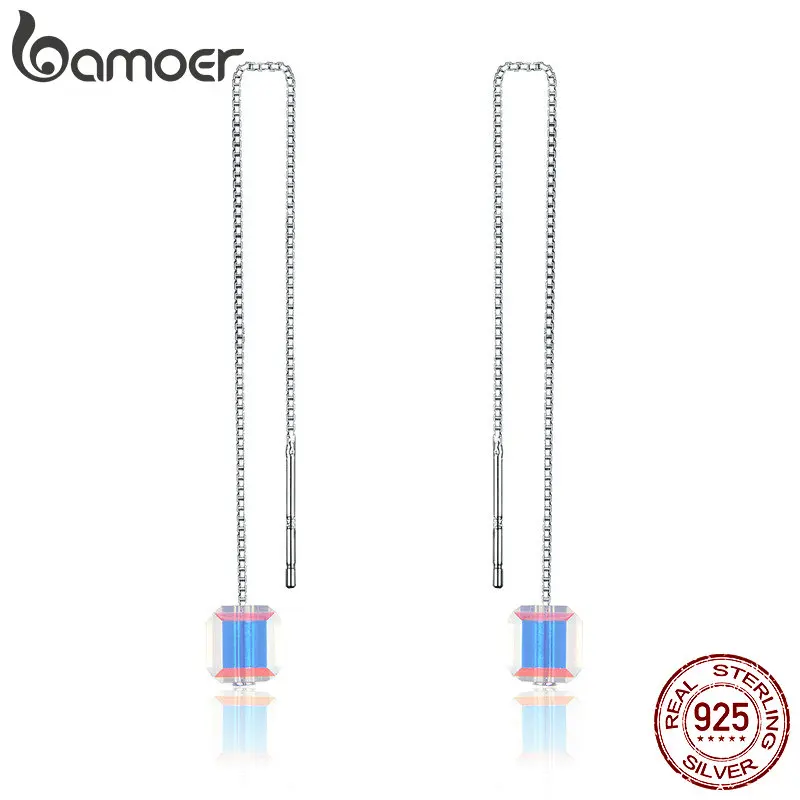 BAMOER, модная, 925 пробы, серебряная, квадратная, Геометрическая, длинная цепочка, со стразами, висячие серьги для женщин, Стерлинговое Серебро, ювелирное изделие SCE501