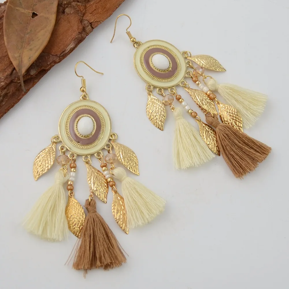 Fashion Jewelry Bohemian Antique Gold Color Tassel Coloful Ball Leaf Earrings Long Ethnic Female from india | Украшения и