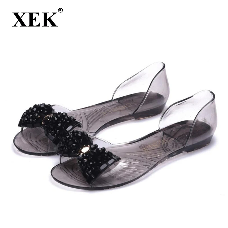 Women Peep Toe Shoes 2017 New Solid Bling Bowtie Jelly Female Slip-On Cover Heel Transparent Sandals XC07 | Обувь