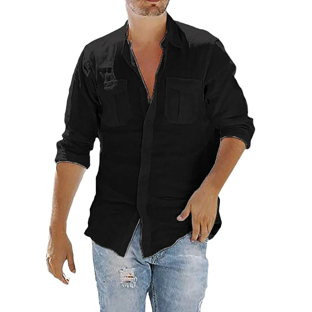 

Womail Shirt Men Summer Baggy Cotton Linen Pocket Solid Long Sleeve Retro Shirts Tops Blouse Gift camisa lino hombre men shirt