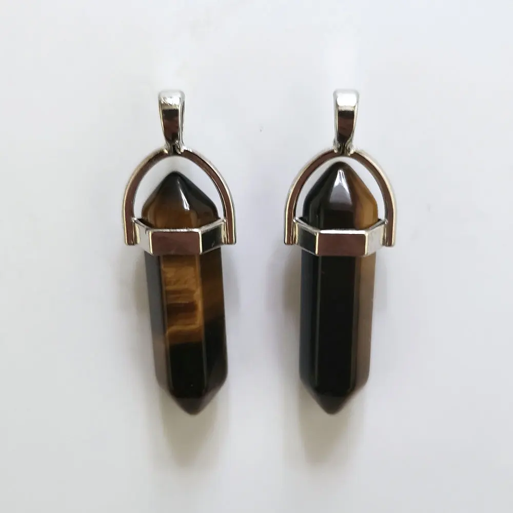 

Wholesale 24pcs/lot 2018 Hot natural tiger eye stones pillar shape charms point Chakra pendants for jewelry making