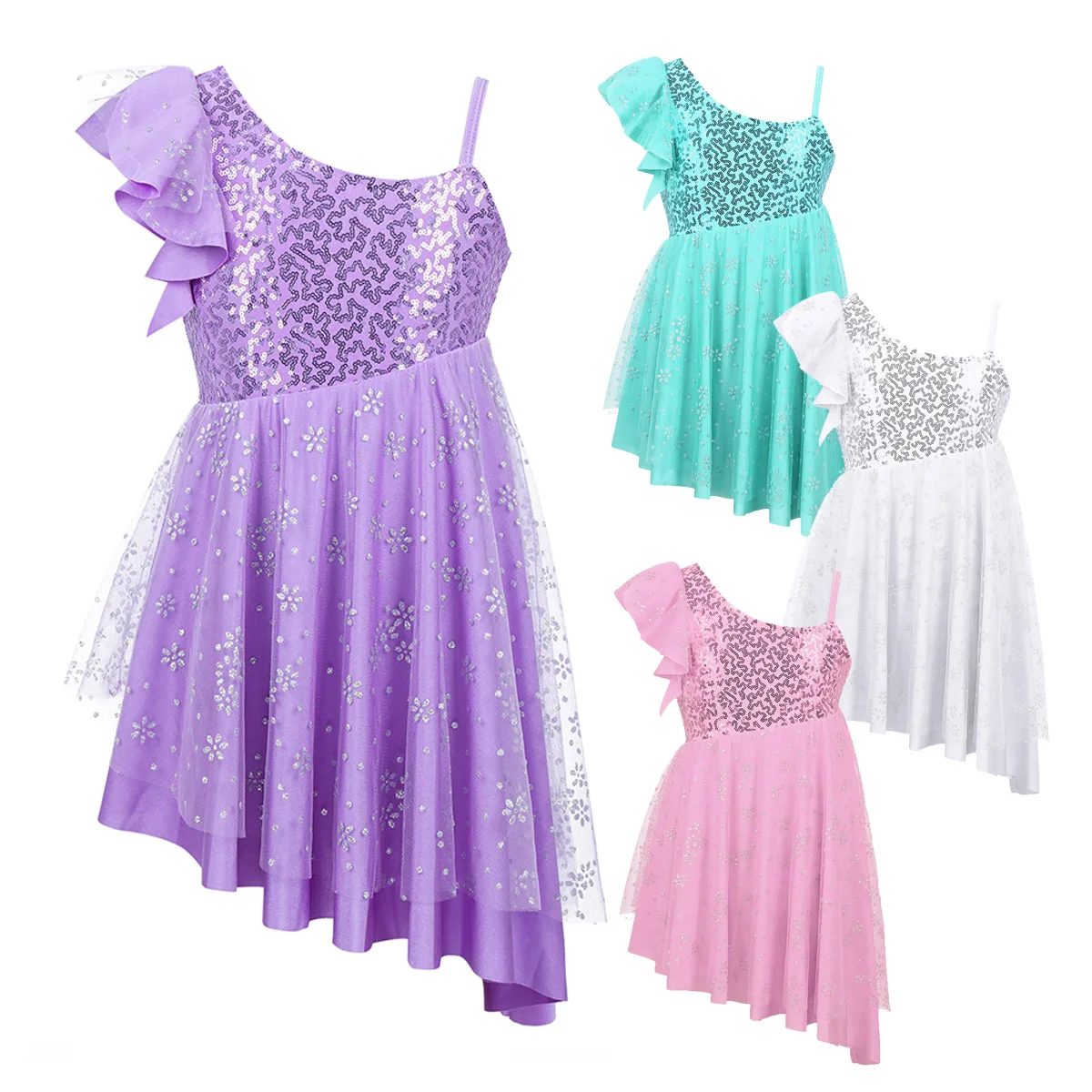 FEESHWO Kids Girls Dress One-Shoulder Ruffles Glittery Sequins Flower Mesh Irregular Hem Ballet Dance Gymnastics Leotard | Детская