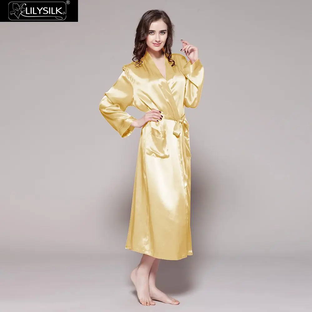 LilySilk халат женский кимоно пеньюар домашняя одежда для женщин шелковый натуральный шелк китайский классические большой длины 22 momme свадебное - Цвет: Gold