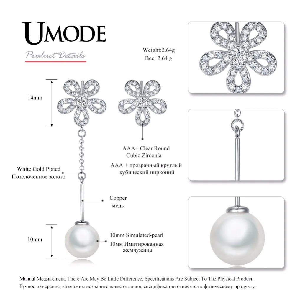 UMODE Модный жемчужный цветок длинные висячие серьги для женщин женское белое золото Цвет кубический цирконий ювелирные изделия pendientes UE0361
